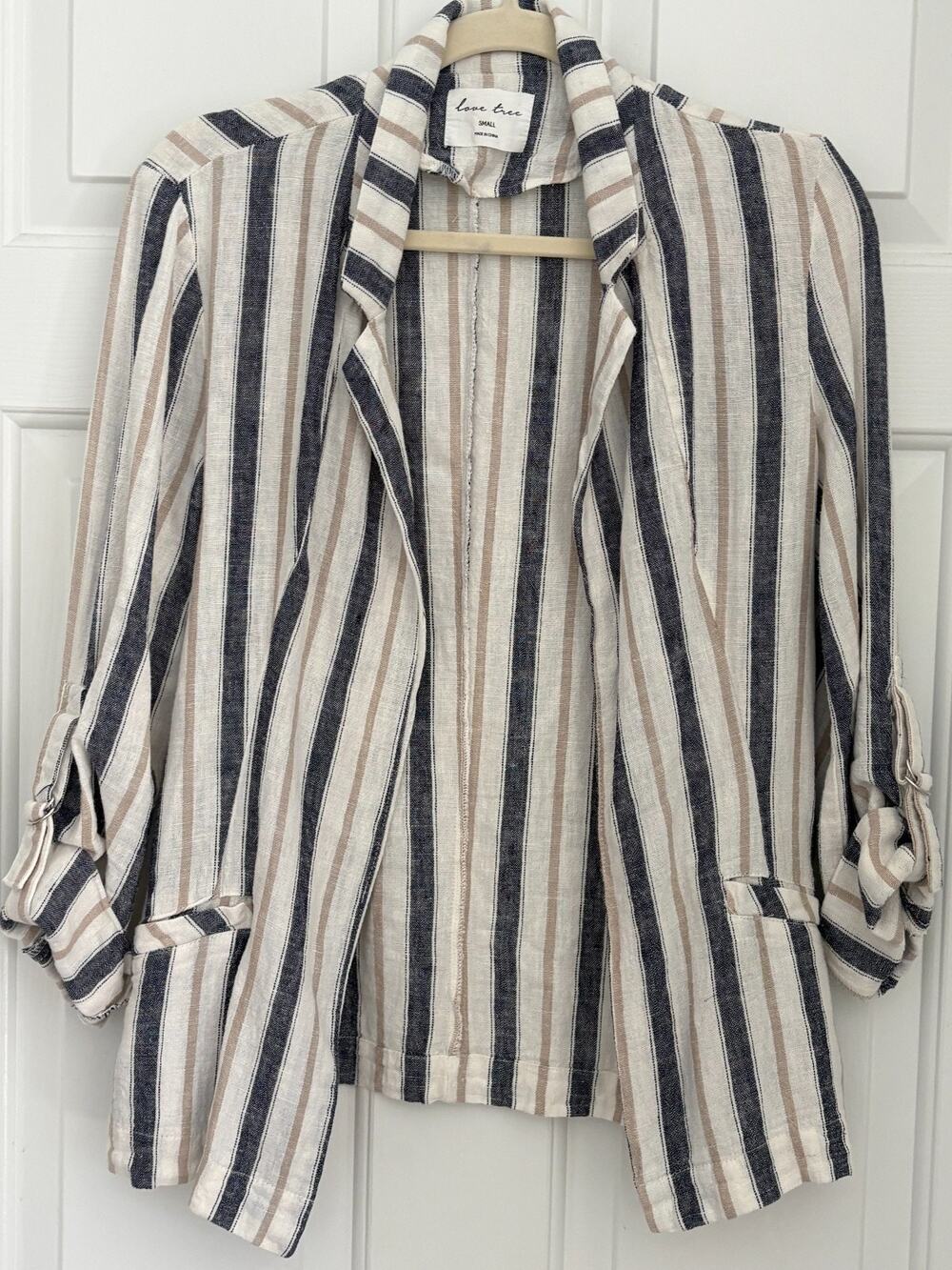Love Tree Striped Linen Blend Blazer Jacket Roll Tab Sleeve Small Blue Tan S 2-6